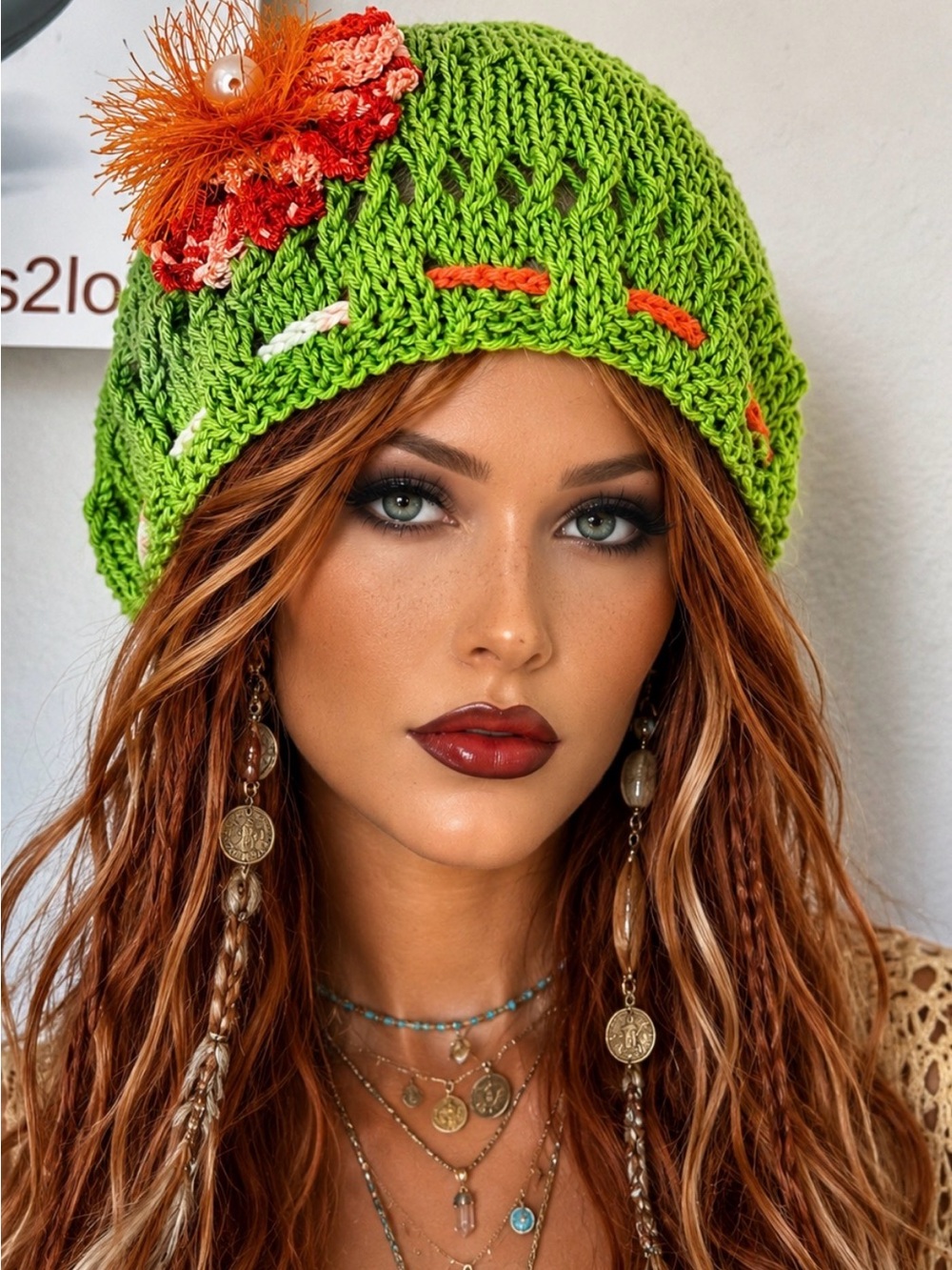 Hand Knits 2 Love Slouch Hat Cotton Flower Bead Adjustable Fit Designer Gift